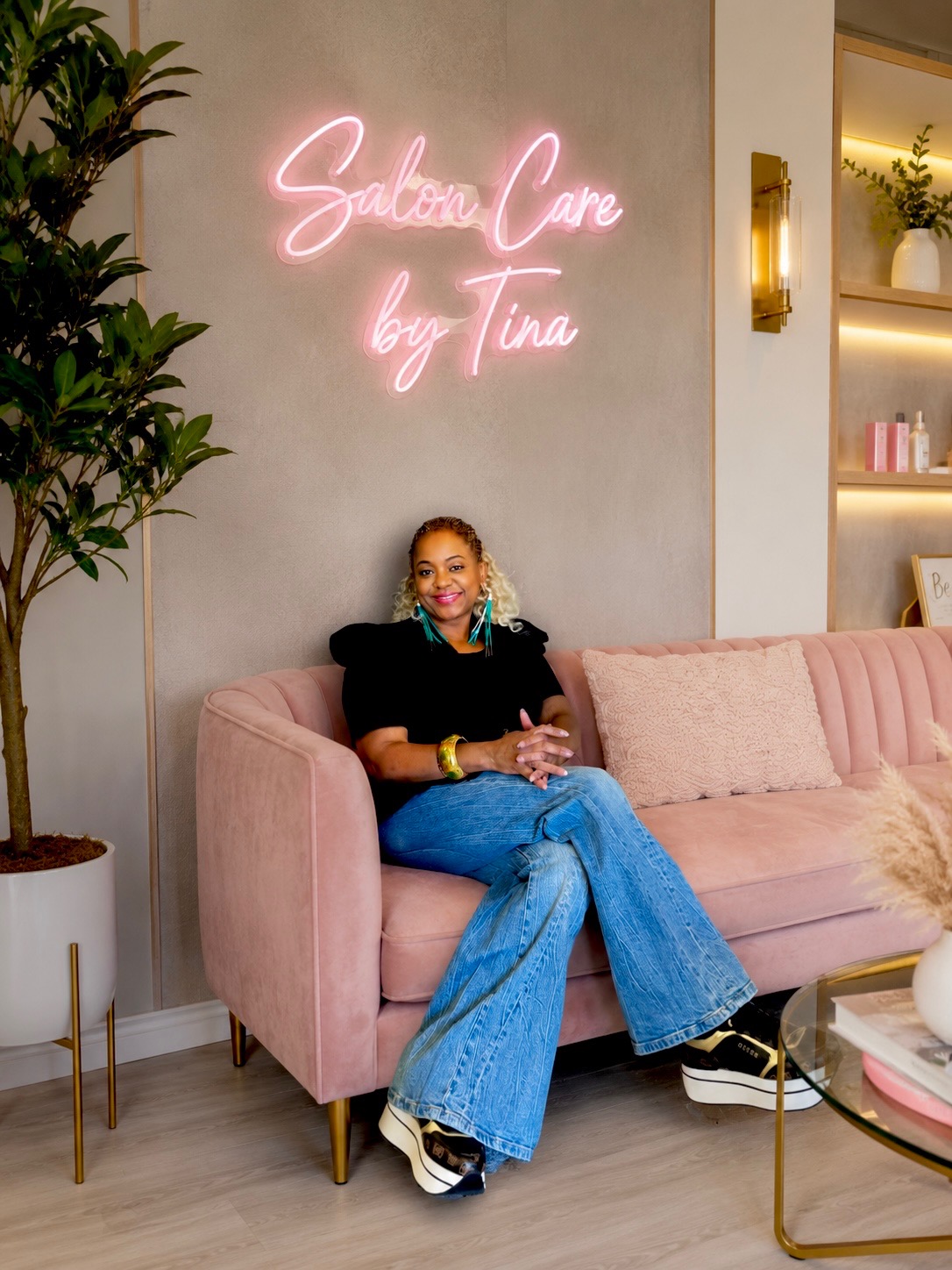 Tina, owner of Salon Care by Tina, providing personalized hair care and styling